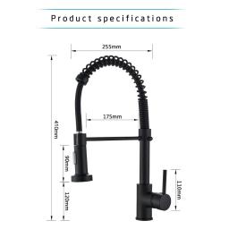 Torneira de cozinha flexível preta fosca, Pull Down Pulverizador, Bico de modos duplos, Torneiras misturadoras para pia, Água quente e fria, Gourmet - Image 6