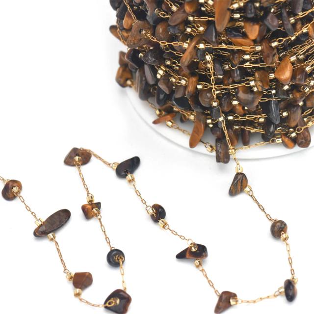 Correntes Irregulares de Pedra Natural Olho de Tigre para Colares DIY com Contas de Ouro e Aço Inoxidável - 1m