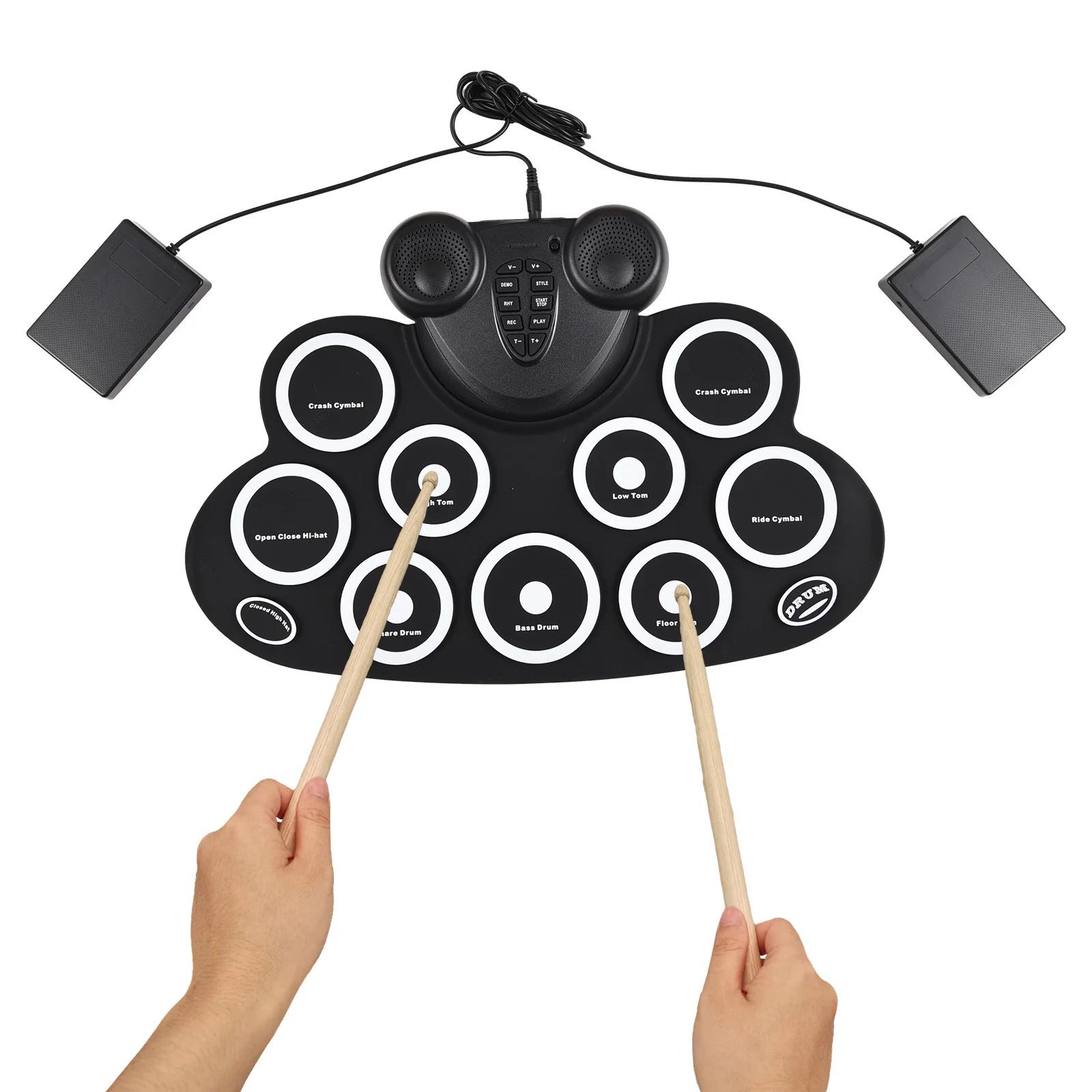 Bateria eletrônica de mão com baquetas, pedal, 9 almofadas, alto-falante duplo, almofada de prática recarregável, kit de bateria - Image 1