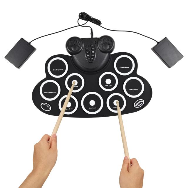Bateria Eletrônica Portátil Completa com Baquetas, Pedal, 9 Almofadas e Alto-Falante Duplo