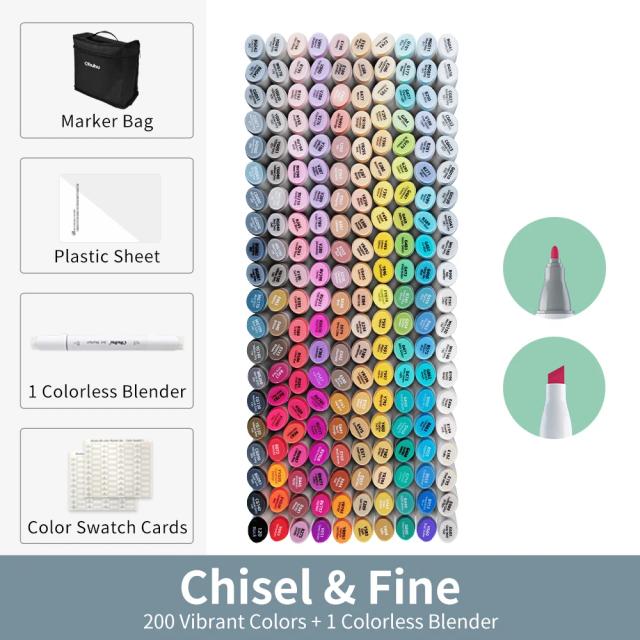 Conjunto de Marcadores de Álcool Ohuhu Oahu com Pontas Duplas - 200 Cores para Esboços, Desenhos, Graffiti e Mangá, Ideal para Materiais Escolares e Artísticos