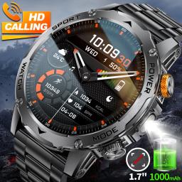 Lige militar relógio inteligente masculino 1000mah bateria ao ar livre lanterna led à prova dwaterproof água freqüência cardíaca esporte bt chamada 1.7 "amoled smartwatch - Image 1