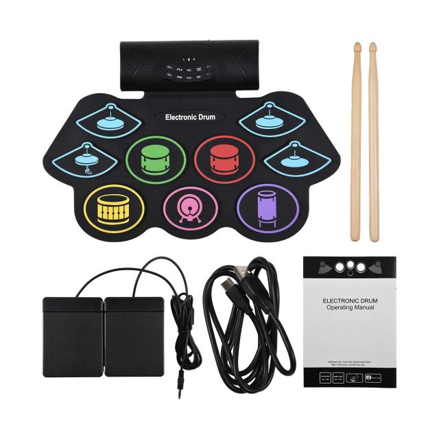 Bateria Eletrônica Jazz com 9 Almofadas, Pedal, Rolo de Mão, Bluetooth e Interface MIDI