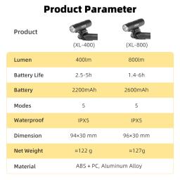 XOSS XL400/800/1200 luz frontal de alumínio para bicicleta recarregável mtb lâmpada frontal faróis acessórios de bicicleta - Image 2