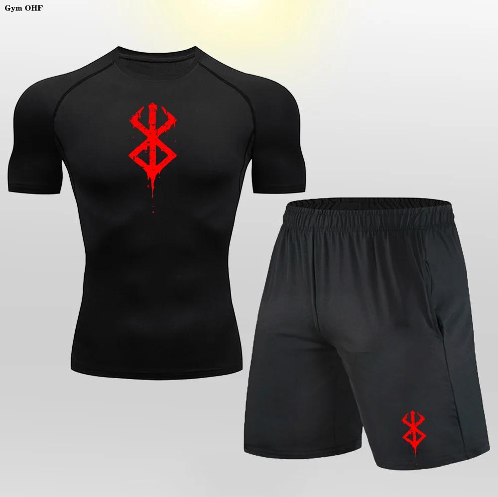 Treino de compressão Anime masculino, camiseta esportiva, terno de shorts, ginásio Fitness, corrida, jogging sportwear, treino Rashguard - Image 1