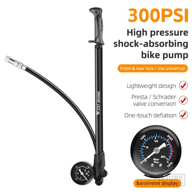 Bomba de Ar Portátil West Biking com Manômetro - Alta Pressão para Bicicletas de Estrada e MTB até 300psi