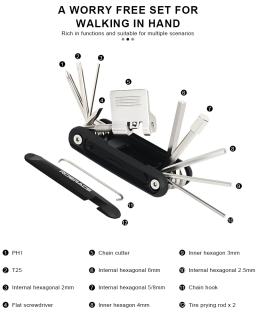 Portátil bicicleta Repair Tool, corrente divisor, cortador, Hex falou, chave, pneu alavanca, bicicleta chave, chave de fenda, Multitool, 12 em 1 - Image 3