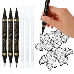 Dupla ponta preta caligrafia escova caneta, letras canetas, Art Marker, caneta branca para iniciantes, escrevendo esboços, desenho da arte, 3 pcs, 6pcs - Image 1