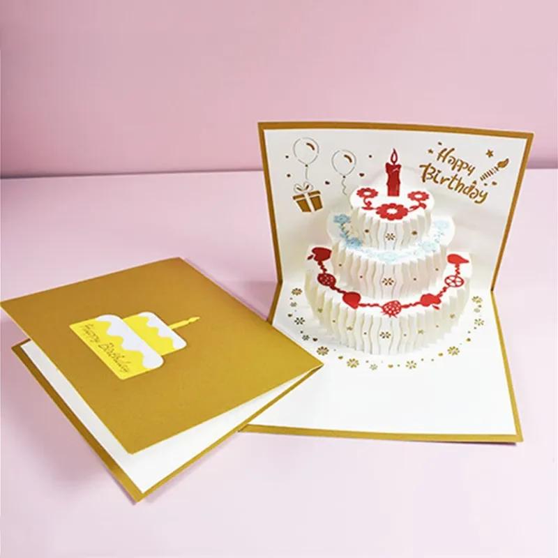 Cartão de aniversário feliz para a menina crianças esposa marido 3d bolo de aniversário pop-up cartões postais presentes com envelope - Image 1