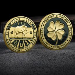 Lucky Four Leaf Clover Coleção Moedas, Elefante Medalha Comemorativa, Metal Laca Artesanato, Moedas De Ouro - Image 2