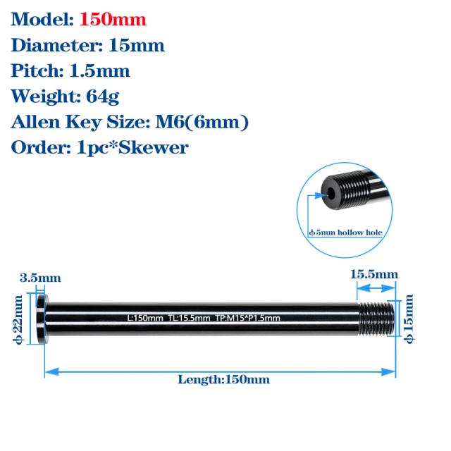 Mimilon Eixo Passante para Suspensão de Mountain Bike M15 x 1.5mm