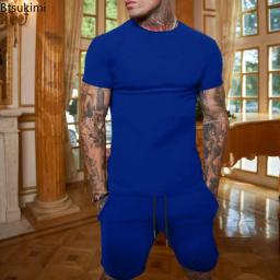 Conjunto de camiseta de manga curta e shorts de treino masculino, terno esportivo, ginásio fitness, sólido, verão, 2 peças, 2022 - Image 5