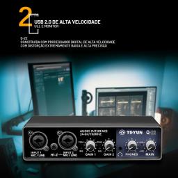 TEYUN-Profissional USB Interface De Áudio, Placa De Som Com Monitor, Gravação De Guitarra Elétrica, 48V Phantom Power Mixer De Som, Q-22 - Image 3