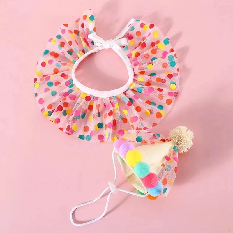 Chapéu para festa de aniversário de animais de estimação, chapéu com bolinhas de renda, babador fofo para cães pequenos e médios, produtos para animais de estimação, acessórios para cachorros - Image 1