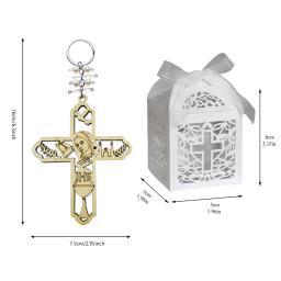 Lembrancinhas para batismo, chaveiro de madeira com cruz para convidados, bolsa de presente de organza, caixa de presente adequada para lembrancinhas de festa de casamento - Image 6