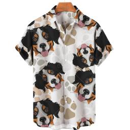 Camisa estampada de leão cão selvagem masculina, estampa de cachorro bonito, camisa de manga curta, top aberto masculino de lapela, tecido confortável - Image 4