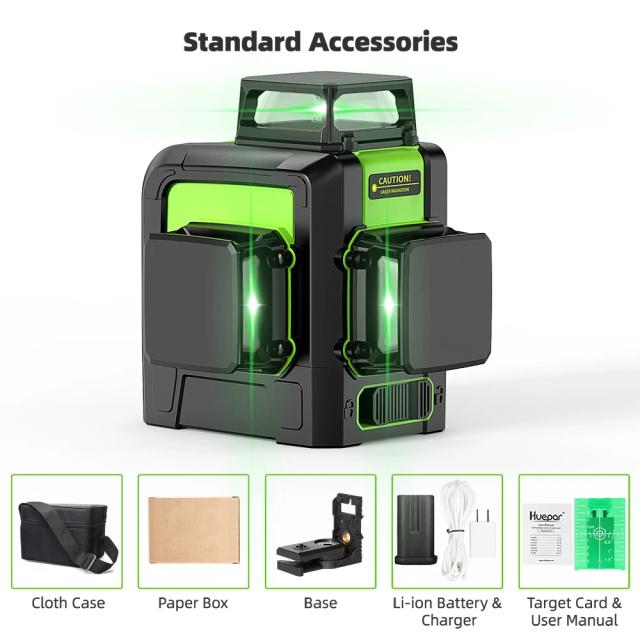 Nível Laser Verde Huepar-3D com Auto-Nivelamento, Bateria Li-ion e 12 Linhas em Modo Pulso