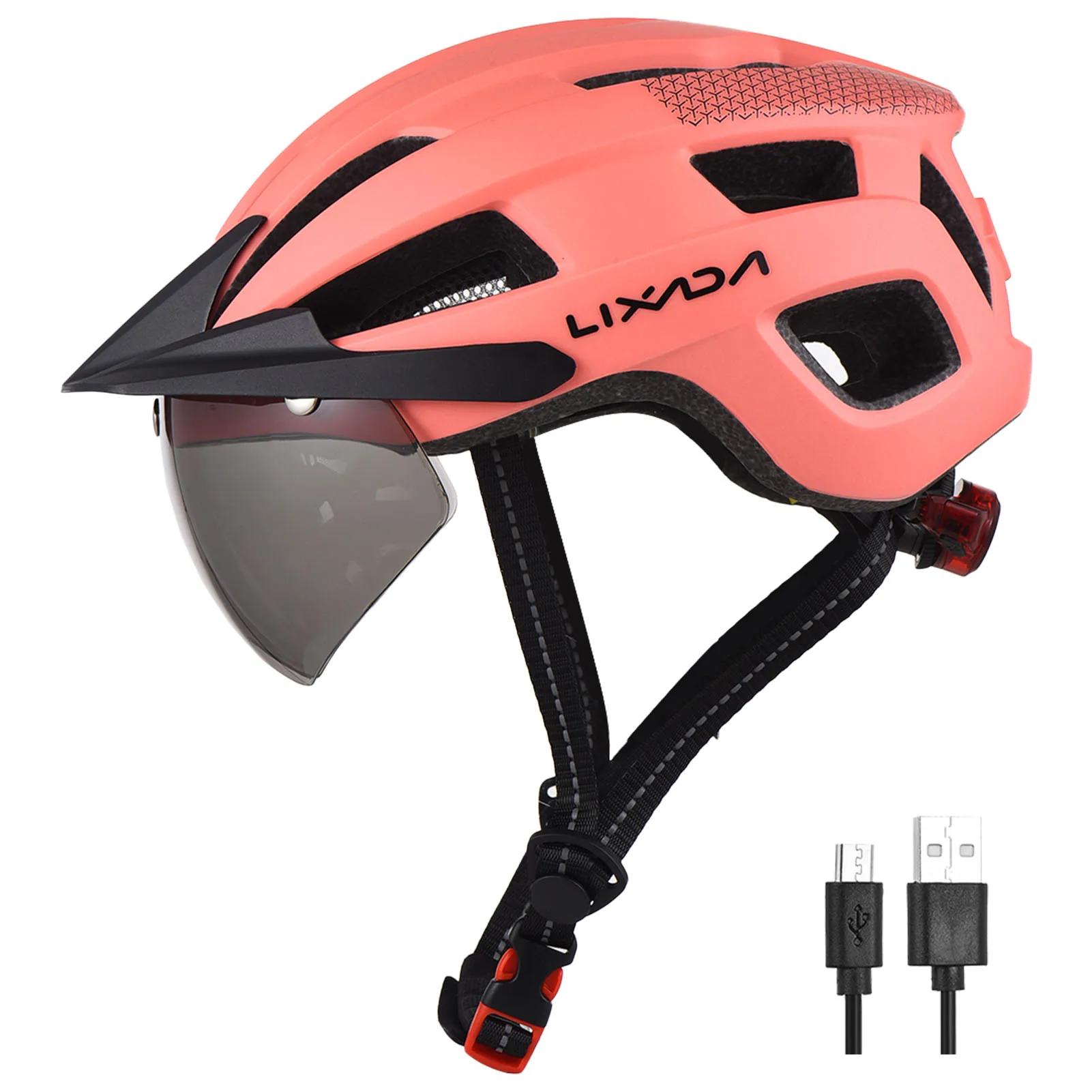 Lixada-Capacete de bicicleta com pára-brisa e viseira solar, Luz traseira recarregável, Capacete de bicicleta ajustável para segurança e proteção - Image 1