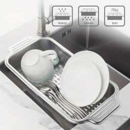 Prato de aço inoxidável ajustável, escorredor para pratos, frutas e vegetais, organizador de cozinha que economiza espaço - Image 3