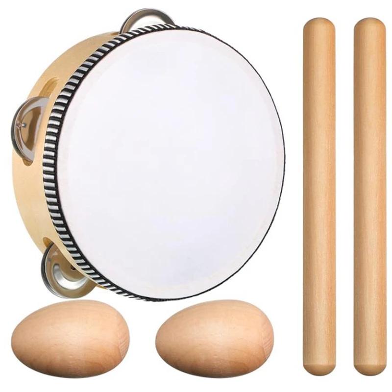 Pandeiros Musicais para Crianças, Percussão Musical, Incluindo Bastões De Ritmo Naturais, Cascavéis De Ovo De Madeira, Presente De Brinquedo, 5 PCs - Image 1