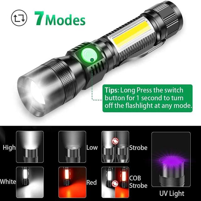 Lanterna UV e Luz Forte Recarregável USB 1500mAh 7 Modos de Iluminação