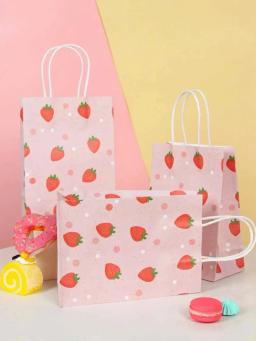 Sacola de papel kraft, saco do presente da impressão do morango, desenhos animados da fruta, 1 conjunto de 4pcs - Image 2