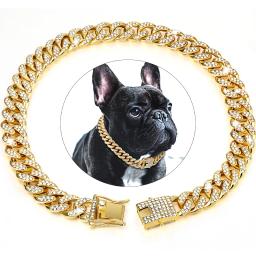 Cão corrente de diamante colar cubano andando colar de corrente de metal com design fivela segura, gato de estimação colar cubano jóias acessórios - Image 1