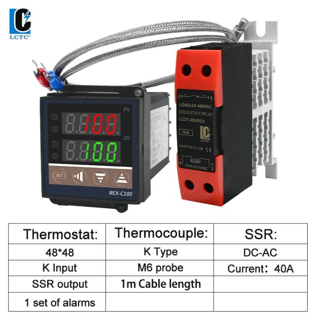 Controlador de Temperatura PID LCTC - Termostato 0-400 ℃ com Saída SSR, Relé 40DA, Termopar K e Sonda de 1m REX-C100