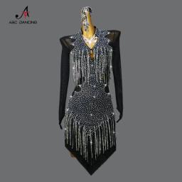 Roupa de dança preta competição latina traje vestido de baile feminino festa dancewear linha saia patinação artística meninas samba esporte terno - Image 1