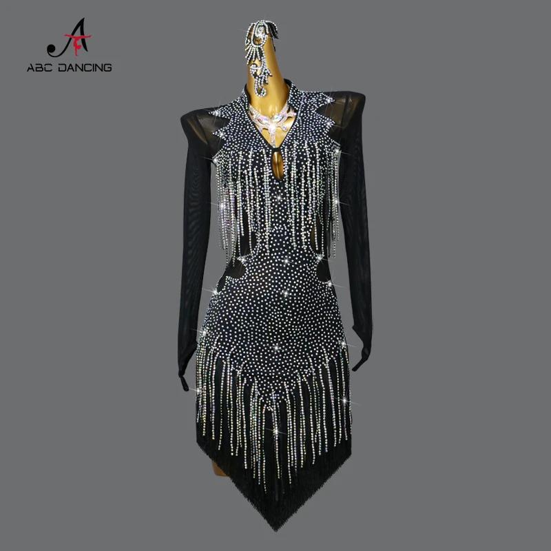 Roupa de dança preta competição latina traje vestido de baile feminino festa dancewear linha saia patinação artística meninas samba esporte terno - Image 1