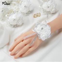 Conjunto de 6 corsagens de pulso rosa azul real flores para o casamento prom nupcial dama de honra menina mãe mulher rosa pulseira mão flores - Image 5