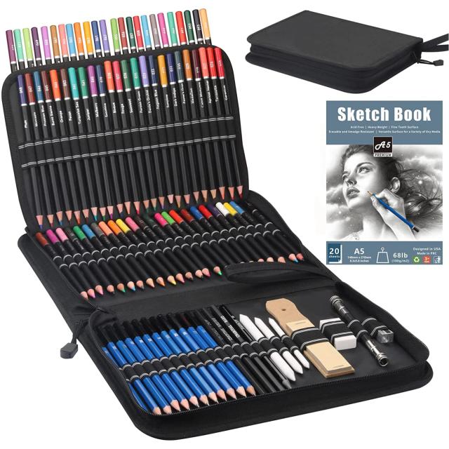 Kit de Lápis de Desenho Premium com 96 Peças: 72 Lápis de Cor e 24 Kits de Esboço em Estojo de Viagem com Zíper