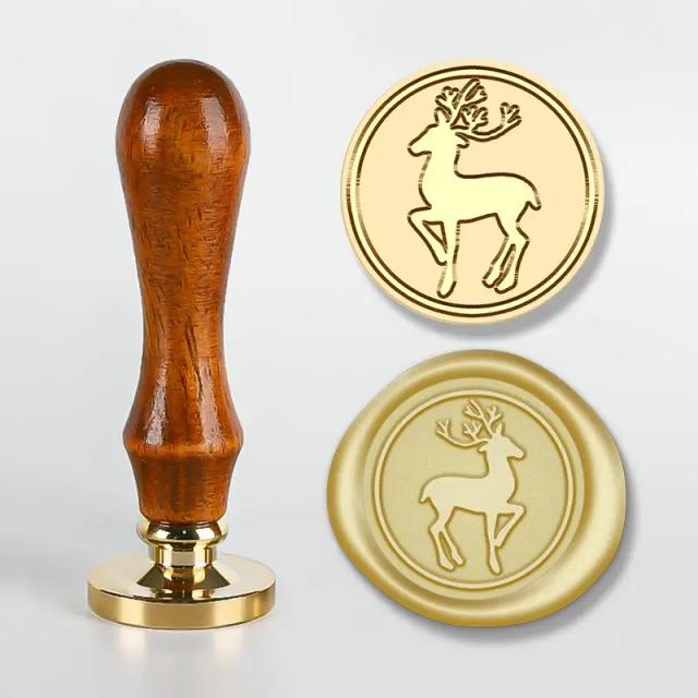 Selo de Cera Natalino com Cabo de Madeira e Cabeça de Cobre para Vedação de Envelope, Ideal para Presentes e Convites de Casamento - Conjunto com 2 Peças