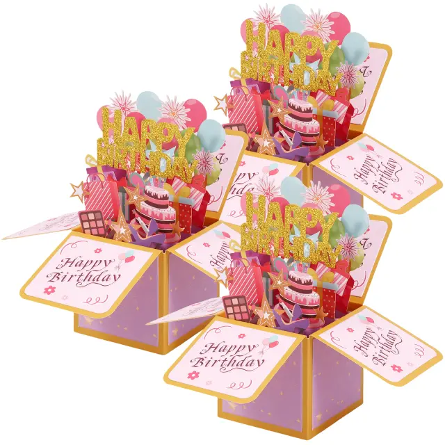 Cartão Pop Up 3D Surpresa de Aniversário - Decoração Criativa com Desejos e Mensagens para Crianças e Adultos (3 Peças)
