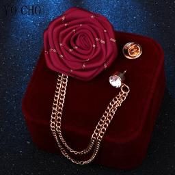 Broches de casamento para homens, arte de pano, broche artesanal de flor rosa, alfinete de lapela, corrente borla, acessórios masculinos, boutonniere do noivo - Image 1