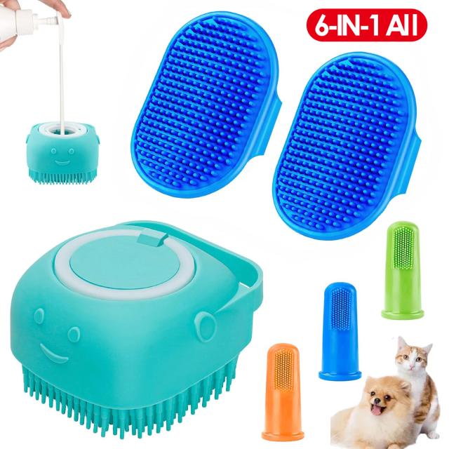 Escova Multifuncional 6 em 1 para Banho de Animais: Lavagem e Shampoo com Silicone Macio para Cães