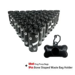Sacos descartáveis para cocô de animais de estimação, saco para cocô de cachorro, dispensador de osso com clipe de coleira, produtos para cachorro, suprimentos, 5 rolos (75 peças) sacos - Image 1