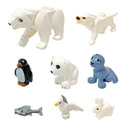 8 pçs mini animais polares asst blocos de construção brinquedos diy urso polar urso branco lobo leão marinho gaivota coelho peixe pinguim tijolos - Image 1