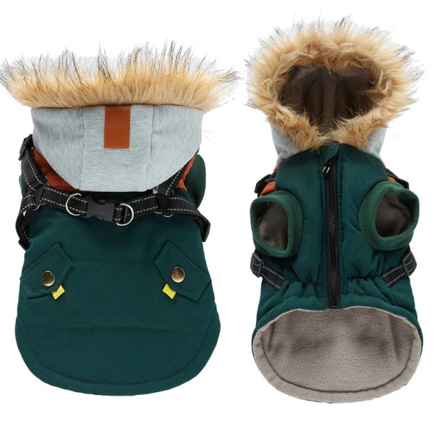 Jaqueta de Algodão Impermeável e Quente para Cães e Gatos Pequenos - Roupas de Inverno e Outono com Arnês Integrado