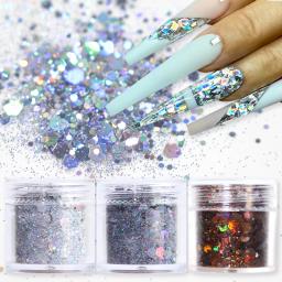 Sparkly Laser Color Nail Glitter Decor, Chunky Iridescente Nail Art Acessórios, Manicure Decoração Polonês, Mixed Size Hexagon, 4g - Image 1