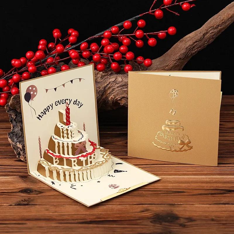Cartões com envelope para meninas, bolo de aniversário musical 3D, luz LED, pop-up, cartões postais para todas as ocasiões, esposa de menina e filho - Image 1