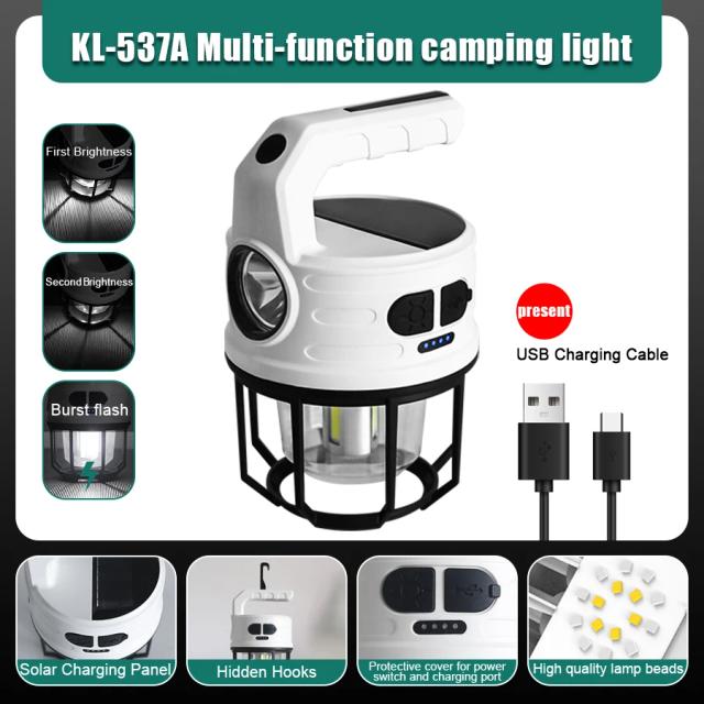 Luz Multifuncional Portátil para Camping: Lanterna LED Pendurável com Carregamento Solar e USB, Intensidade Ajustável para Uso ao Ar Livre