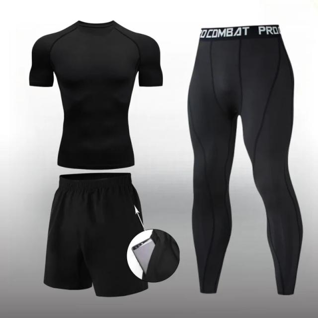 Conjunto de Roupa de Treino Compressiva Masculina para Academia e Corrida ao Ar Livre - 3 Peças