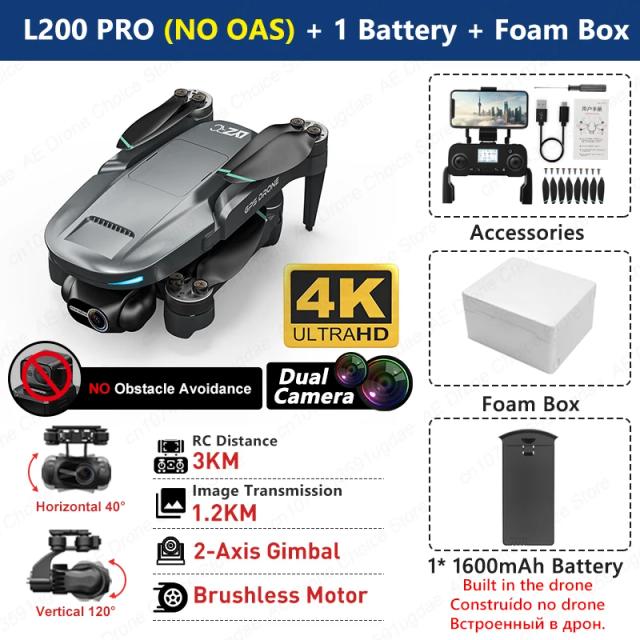 L200 PRO MAX Drone GPS Câmera 4K Gimbal 2 Eixos Anti-Shake 3000m