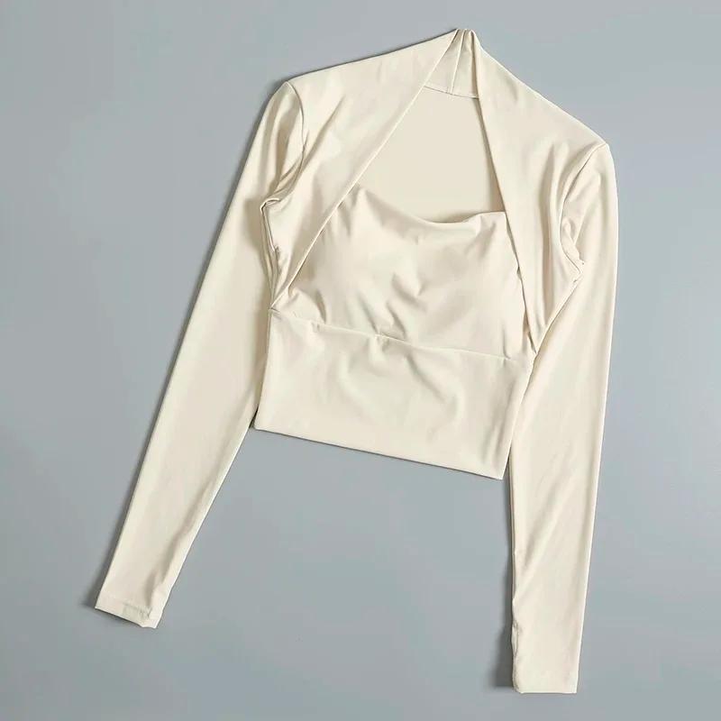 Almofada de peito fitness esportes topo feminino camisas de manga longa pra acelerar curto elegante dança yoga roupas pequena cintura ginásio - Image 1