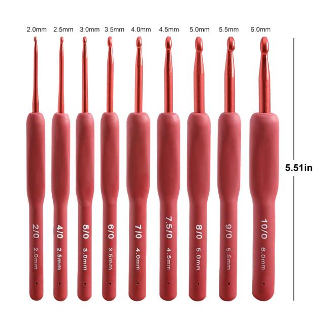 Conjunto de Agulhas de Crochê de Alumínio com Alças de Silicone Ergonômicas em Vermelho Quente, Tamanhos de 2.0 a 6.0mm, Presente Ideal para Mulheres