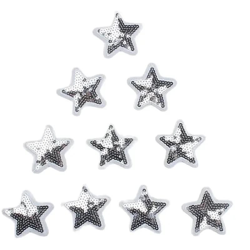 Remendos de estrela de prata com lantejoulas, remendos para jeans, bolsa escolar, sapatos, chapéus, decoração de casacos, vestimentas diy, apliques de costura, emblema de roupas com 10 peças - Image 1