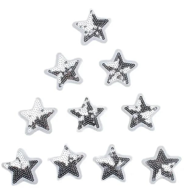Aplica Remendos de Estrela de Prata com Lantejoulas para Jeans, Bolsas, Sapatos e Personalização de Roupas - Conjunto com 10 Peças