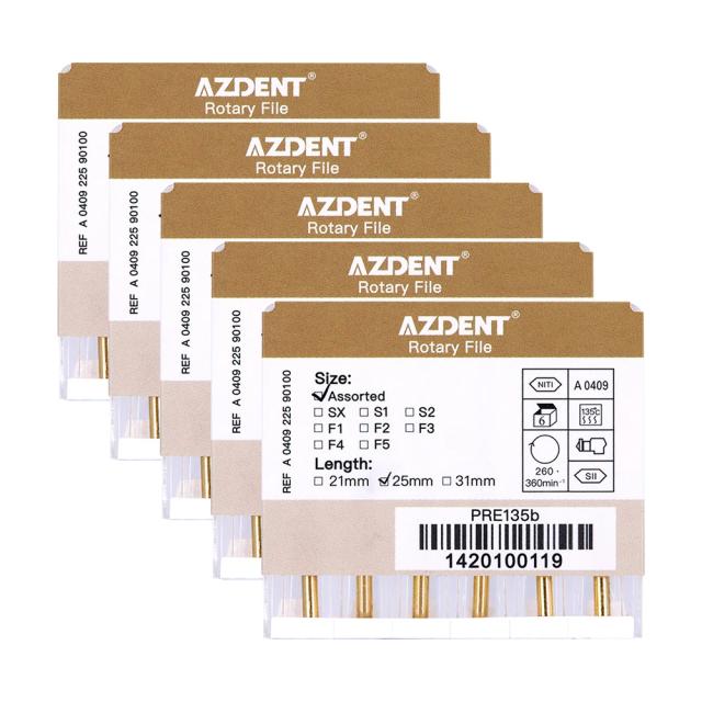 Arquivo Dental Endodontic Gold Large Taper NITI AZDENT - 30 Arquivos Rotativos para Uso com Motor, 25mm, 6 Peças por Caixa, 5 Caixas