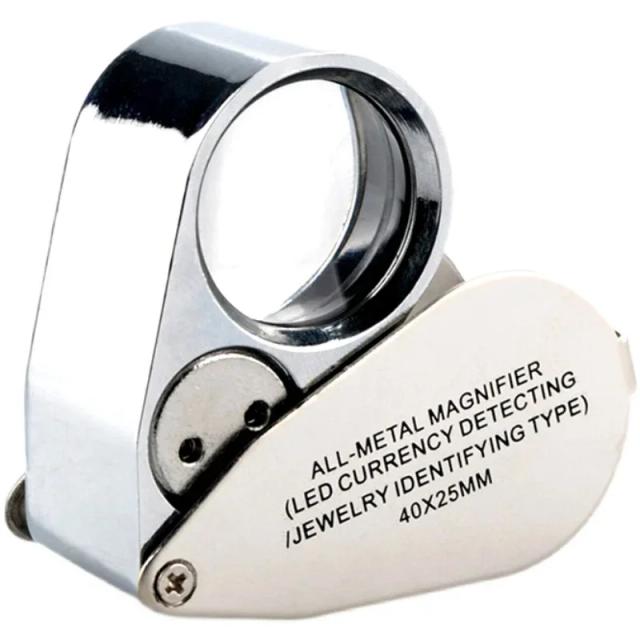 Lupa de Metal Dobrável com LED para Identificação de Selos Antigos, Jóias e Diamantes - 40x potenciação
